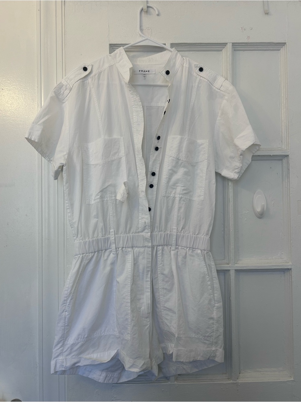 Frame Denim White Short-Sleeve Romper with Black Button Accents